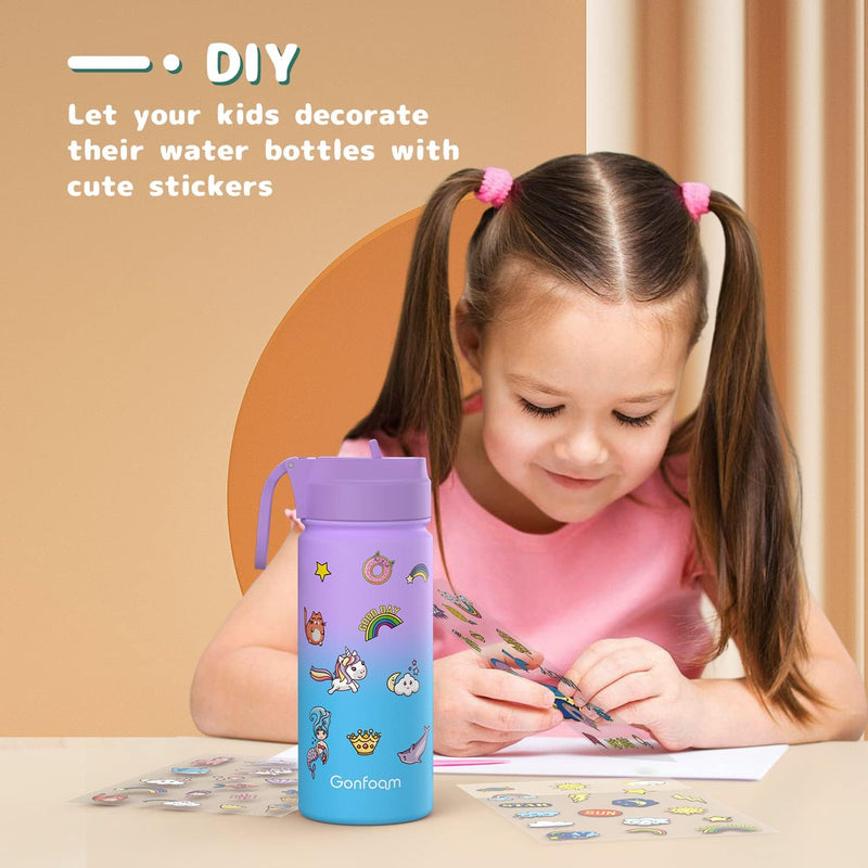 Gonfoam 16oz Kids Stainless Steel Insulated Water Bottle, 2 Pack | DIY Stickers, BPA-free, Leak-proof, Sturdy, Keeps Cold 24h, Easy to Carry, Easy to Clean, Back to School, Gifts