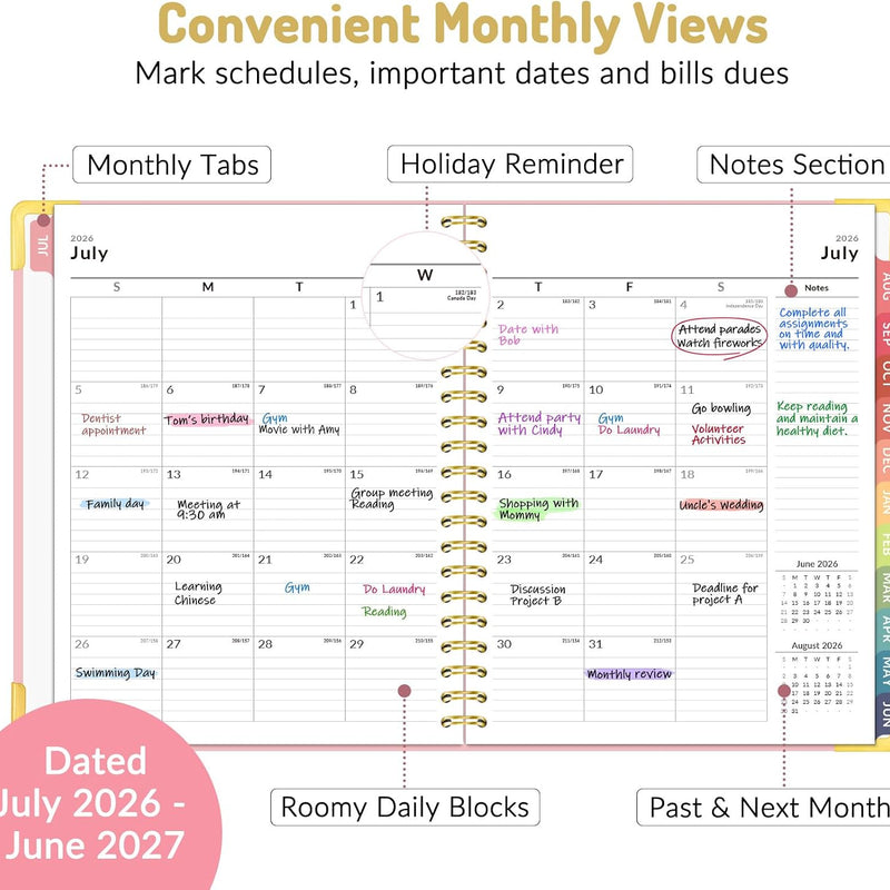 Forvencer Academic Planner 2026-2027, Hardcover Calendar Planner Weekly & Monthly, July 2026 - June 2027, 8.5" x 11", Daily Agenda with Tabs, College School Organizer for Student Teacher, Pink