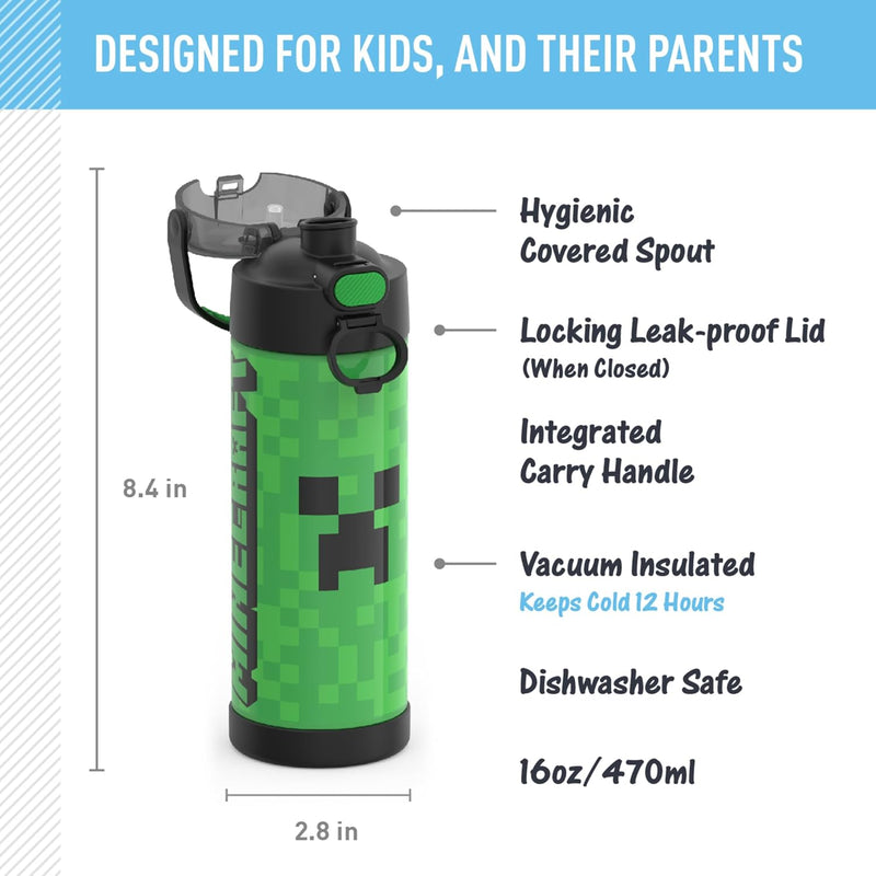THERMOS FUNTAINER Water Bottle with Spout, 16oz, Minecraft | Kids Stainless Steel Insulated Water Bottle, Keeps Drinks Cold Longer for School & Play, BPA-Free