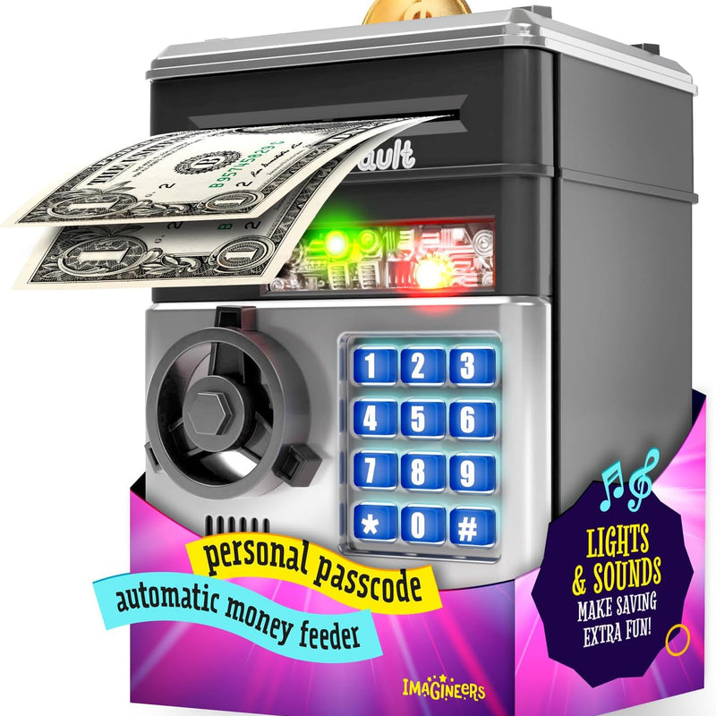 KiddieVault - Electronic Money Saving Box with Code, Automatic Bill Feeder, Lights & Sounds for Kids 3-12