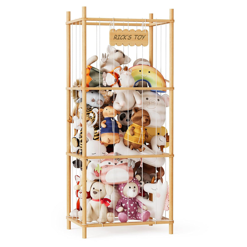 SpaceAid Stuffed Animal Storage Organizer, Wood Animals Zoo Toy Plushies Storage Holder, Large Capacity Plush Toy Cage for Playroom Organization, 15.8" Wide, Natural