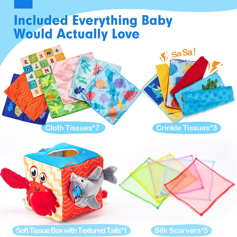 hahaland Baby Tissue Box Toy 6-12 Months Montessori Toys 6 7 8 9 Month Old | Textured Tails, Crinkle Tissues, Squeaky, Mirror, Pull & Hang Ring, Play Silks Sensoy Scarves Soft Baby Gift Busy Travel Toys