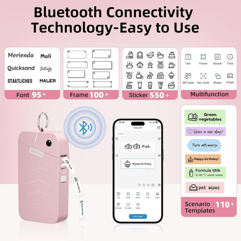 OrgSTA S001 Portable Bluetooth Label Maker Machine with Thermal Printing Pink 203 DPI