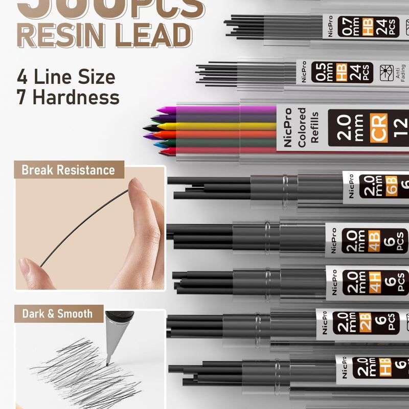 Nicpro 35PCS Art Mechanical Pencil Set, 3 PCS Metal Drafting Pencil 0.5 mm & 0.7 mm & 0.9 mm & 3 PCS 2mm Lead Holder (6B 4B 2B HB 2H 4H Colors) For Sketching Drawing With 20 Tube Lead Refills Case