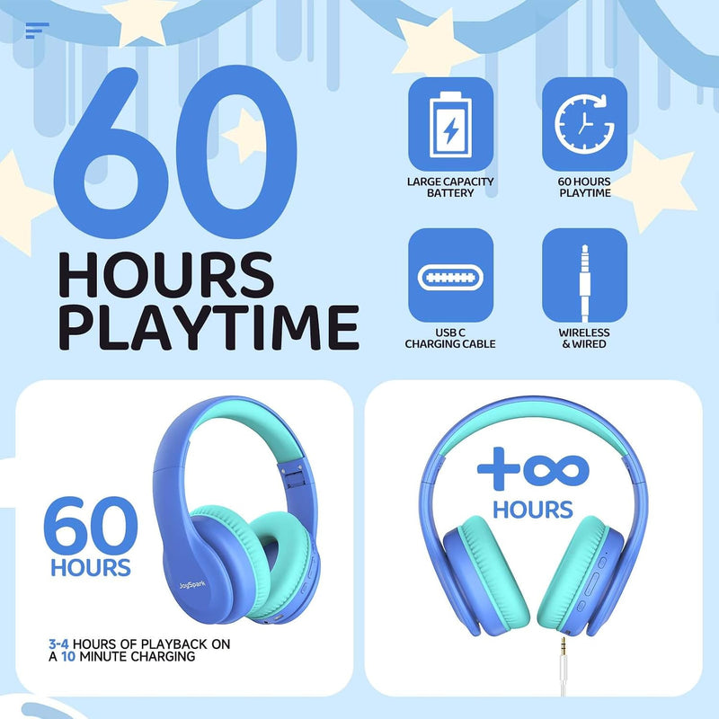 JoySpark Kids Bluetooth Headphones, Lightweight Wireless Headphones for Kids, 85/94dB Volume Limited, 60 Hours Playtime, Bluetooth 5.3, Over-Ear Toddler Headsets with Built-in Mic-Blue