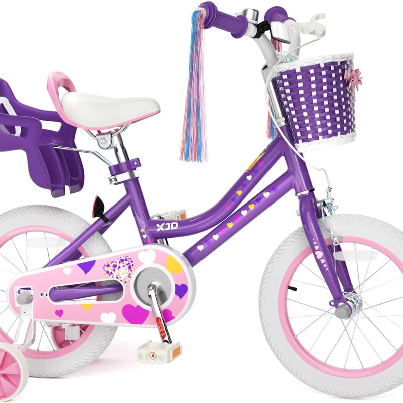 XJD Girls 12-16 Inch Kids Bike with Training Wheels, Streamers, and Adjustable Seat