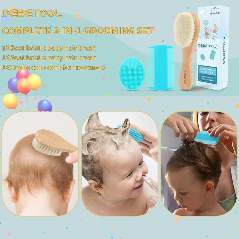DEBETOOL 3-Piece Cradle Cap Brush Set with Comb & Baby Hair Brush | Natural Wooden Baby Brush Kit for Newborn & Infant Gentle Scalp Care