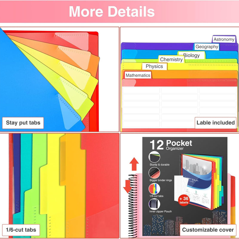 Forvencer 12 Pocket Project Organizer, 1/6-cut Tab Binder Organizer with Sticky Labels, Multi Pocket Folder with Zipper Pouch, Folder Binder Spiral Pocket Notebook, Office Supplies, Letter Size, Pink