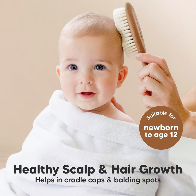 Wooden Baby Hair Brush Set for Newborns, Toddler Comb (Dark Walnut, Regular) | Soft Goat Bristle, Baby Brush and Comb Set, Infant Grooming Kit, Cradle Cap Care, Durable & Gentle, Boy, Girl Bath Essential
