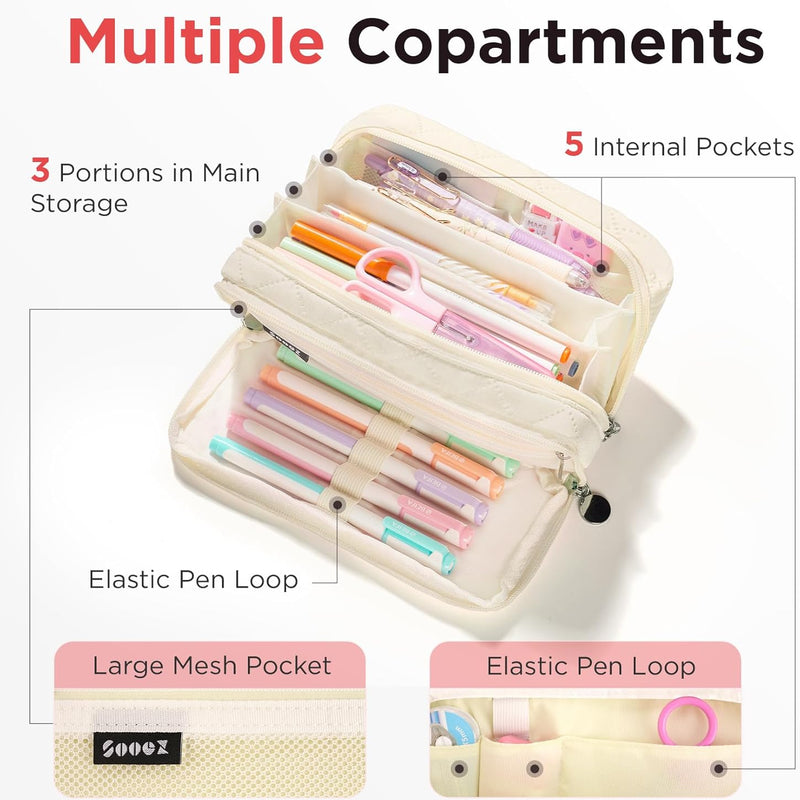 Sooez Cute Pencil Case, Aesthetic Pen Pencil Pouch, Extra Large Pencil Bag with Zipper, Special Pencil Holder Stationery Bag Marker Organizer, School Essentials Supplies for Girls Adult Teen, Beige