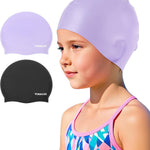 Kids Swim Cap 2 Pack,Silicone Swim Cap for Kids Ages 3-15 | Durable Waterproof Swimming Caps for Girls Boys Toddler,Comfortable Fit for Long Hair Short Hair,for Swimming Lessons Pool
