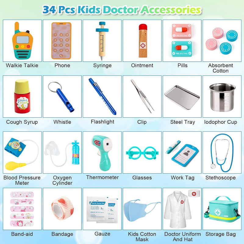 Doctor Kit for Kids, 34 Pcs Pretend Playset for Toddlers, Doctor kit for Toddlers 3-5, with Medical Bag, Stethoscope and Other Accessories, for Boys and Girls Fun Role Playing Game