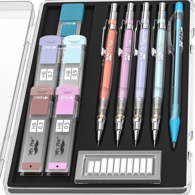 Mr. Pen- Art Mechanical Pencil Set, 5 Sizes (0.3, 0.5, 0.7, 0.9, 2.0mm) | 5 HB Lead Refills & 10 Eraser Refills, Precision Drawing Pencils for Sketching, Writing & Artwork