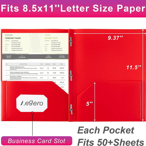Aegero Folders with Pockets and Prong with Fasteners (6 Pack, Assorted Colors),Durable Plastic Pocket Folders with Prongs,Tear Resistant,2 Pocket 3 Prong Folders for Schoolwork & Office,Letter Size