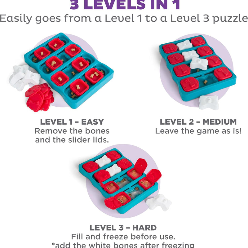 Interactive dog puzzle by Outward Hound and Nina Ottosson, level 2 intermediate, 3-in-1 challenge, slow feeder, boredom buster