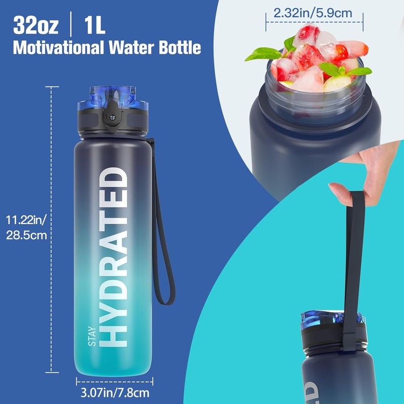 Sahara Sailor Water Bottle 32oz, Tritan Sports Bottle with Time Marker | Bpa Free, Leakproof Wide Mouth With Fast Flow Lid And Cleaning Brush, For Gym School Office Travel, 1 Count