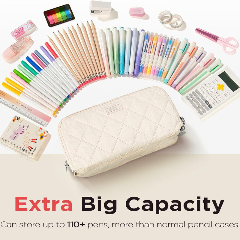 Sooez Cute Pencil Case, Aesthetic Pen Pencil Pouch, Extra Large Pencil Bag with Zipper, Special Pencil Holder Stationery Bag Marker Organizer, School Essentials Supplies for Girls Adult Teen, Beige