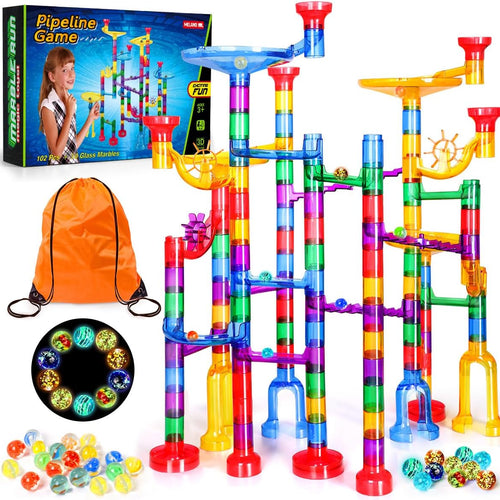 Meland Marble Run - 132Pcs Building Toy for Kids with Glow-in-the-Dark Marbles and STEM Learning, Ages 3-9+