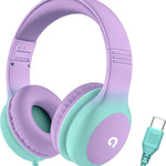 ADOOPE Wired Kids Headphones with USB C Plug, 85dB Safe Volume, Adjustable Headband, Tangle-Free Cord Headphones for School, Tablet, Travel (Light Purple & Pink, Without Microphone)