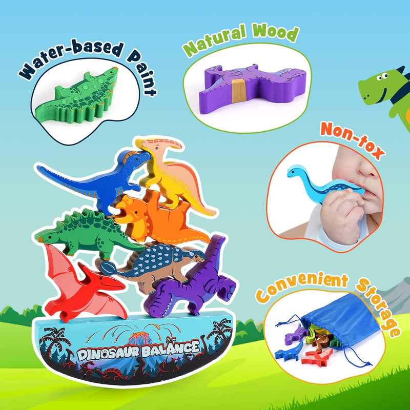 IPOURUP Dinosaur Blocks for Kids 3-5 Wooden Stacking Montessori Toy for 3 4 5 6 7 8 Year Old Boys and Girls