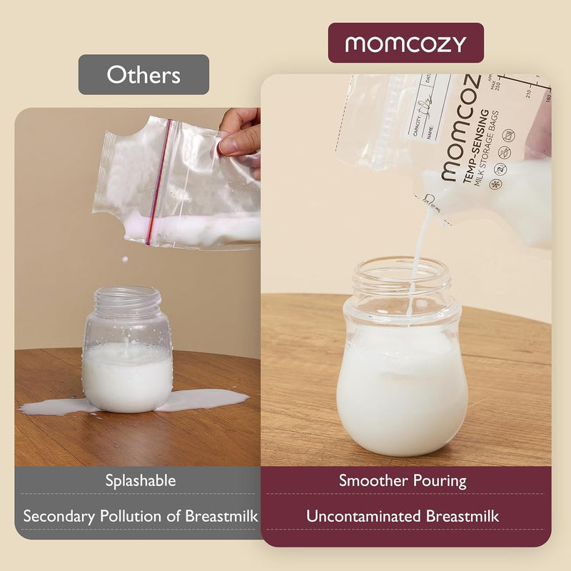 Momcozy 8oz Breastmilk Storage Bags,Temp-Sensing & Pour Spout,120 Count | Temp-Sensing Color Change, Milk Bags with Pour Spout, Self Standing,No Leak Presterilized