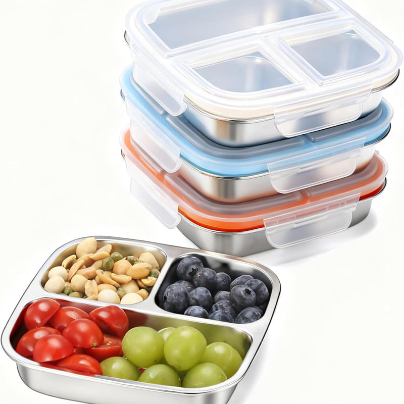 Stainless Steel Snack Containers, 3 Compartments Reusable on and go Bento Box with Lids for Kids, Lunch Box Pre Meal Storage for Daycare School Outdoor Camping Travel - Blue