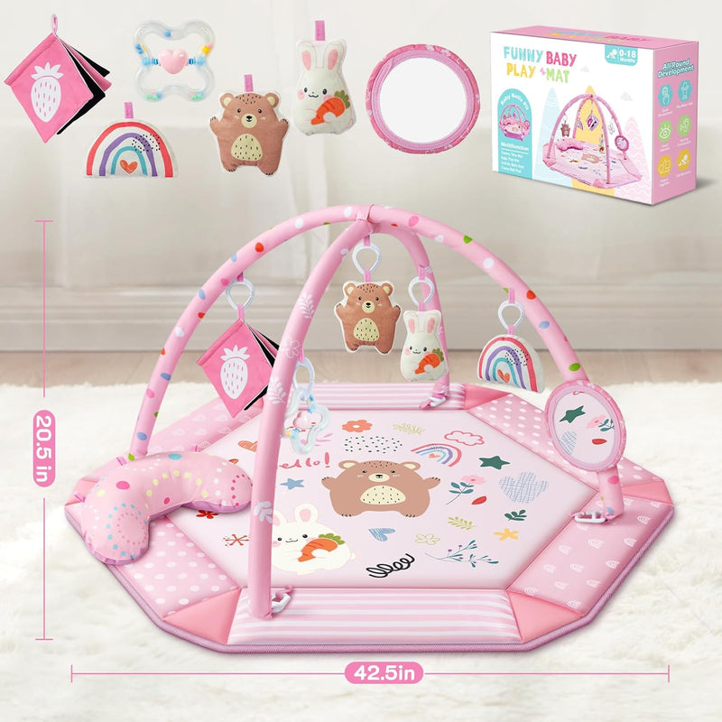 8-in-1 Baby Gym Play Mat with 6 Toys for Visual, Hearing, Sensory, Motor Development