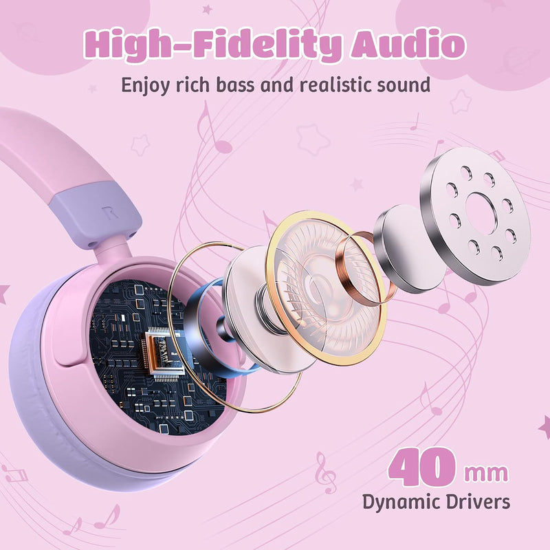 Kids Headphones Bluetooth for Girls, Toddler Headphones Wireless for School | 85/95dB Volume Limited, 50H Playtime, Bluetooth 6.0, Built in Mic, Fast Charging for Tablet, iPad, Cellphone