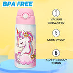 Girls Insulated Water Bottle with Covered Pop-Up Straw,16 oz Kids Cups with Stainless Steel Leak Proof for School Pink（Unicorn）