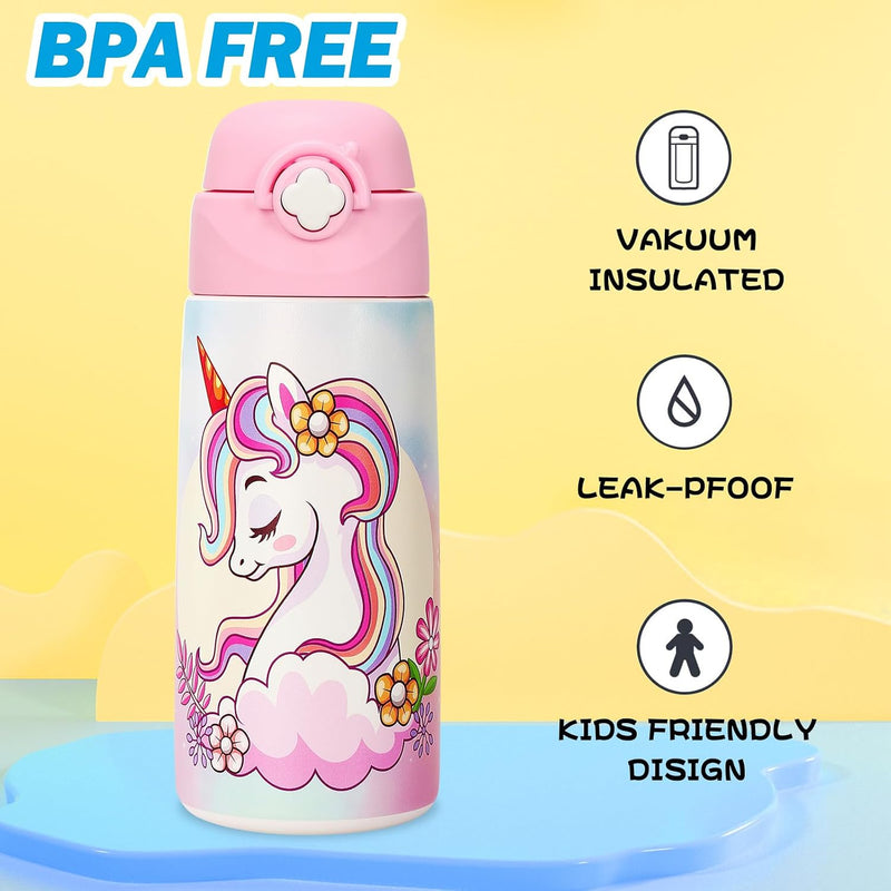 Girls Insulated Water Bottle with Covered Pop-Up Straw,16 oz Kids Cups with Stainless Steel Leak Proof for School Pink（Unicorn）