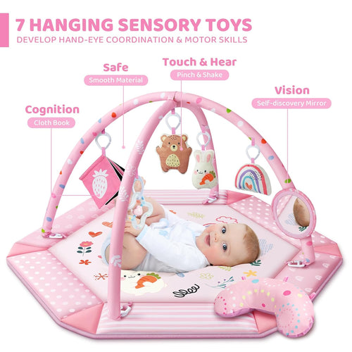 8-in-1 Baby Gym Play Mat with 6 Toys for Visual, Hearing, Sensory, Motor Development