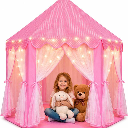 Orian Princess Tent for Kids, Toddler & Kids Pink Play Tent Indoor & Outdoor Princess Castle Fort for Girls and Toddlers Ages 2-7, 55”x53”, LED Star Lights, Children’s Toys and Gifts for Girls