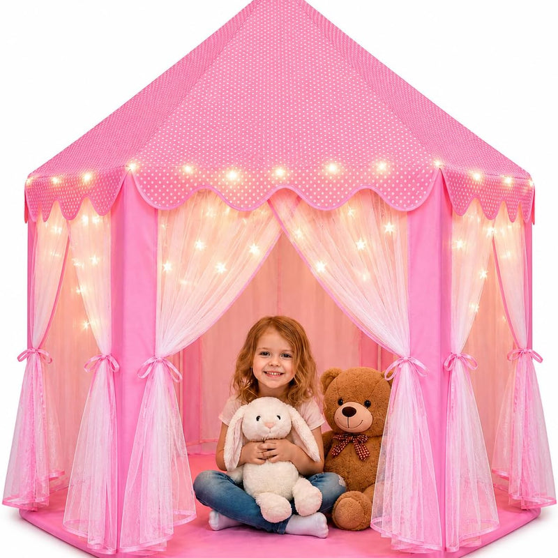 Orian Princess Tent for Kids, Toddler & Kids Pink Play Tent Indoor & Outdoor Princess Castle Fort for Girls and Toddlers Ages 2-7, 55”x53”, LED Star Lights, Children’s Toys and Gifts for Girls