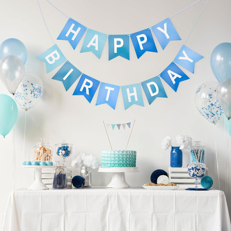 Blue Happy Birthday Banner Pre-Strung Party Decoration for Women Men Girls Boys - 13 Paper Banners with String