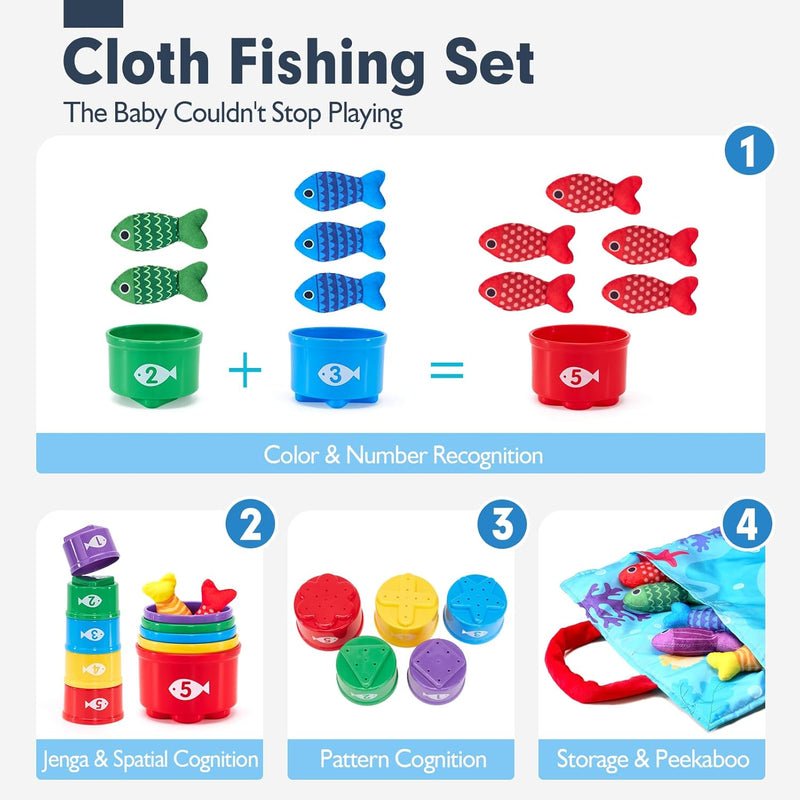 10-in-1 hahaland Montessori Cloth Fishing Game for 1 Year Old Boys and Girls with Stacking Cups