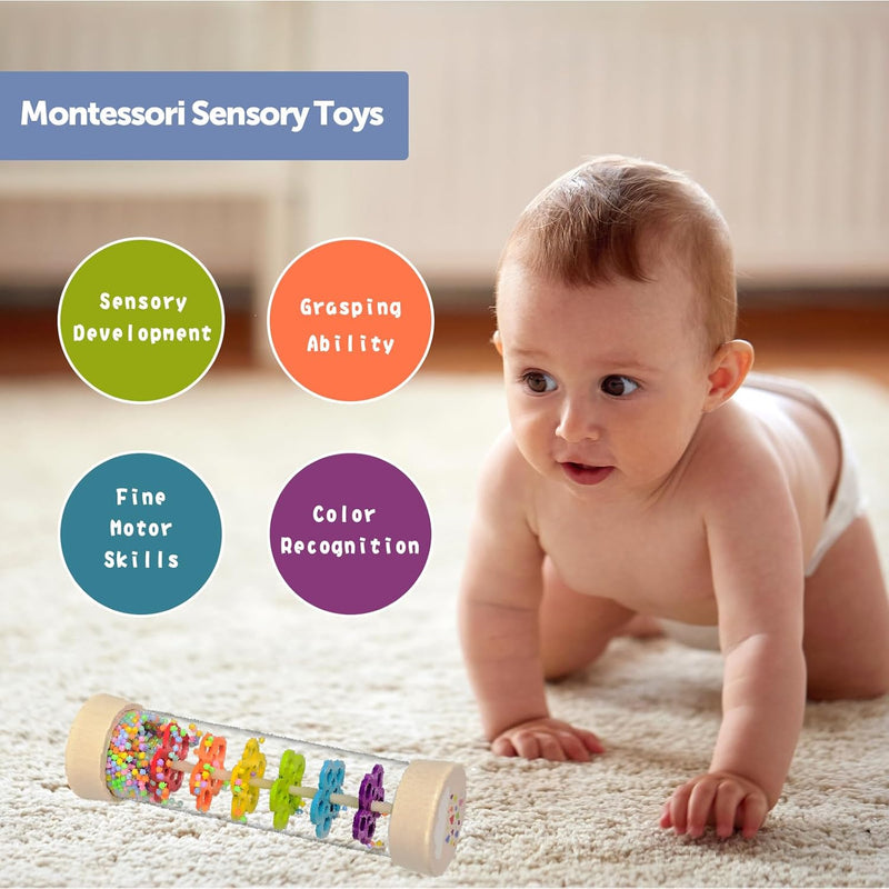 Montessori rain stick for 6-12 months, 1 year old baby rattle toy with 7.7 inch wooden rainmaker
