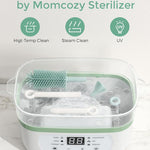 Momcozy 7-in-1 Baby Bottle Brush Set with Drying Rack, Green | Silicone Nipple Straw Brushes, Soap Dispenser Storage Box, Foldable Drain Rack, Portable Bag, BPA-Free, Home & Travel