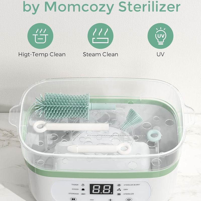 Momcozy 7-in-1 Baby Bottle Brush Set with Drying Rack, Green | Silicone Nipple Straw Brushes, Soap Dispenser Storage Box, Foldable Drain Rack, Portable Bag, BPA-Free, Home & Travel