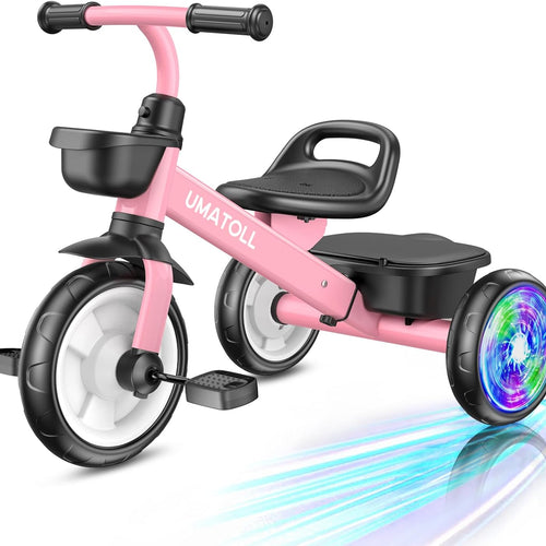 Umatoll Carbon Steel Tricycle for Toddlers 2-5 Years, Adjustable Outdoor Toy with Light-Up Wheels, Stable Ride, Dual Baskets