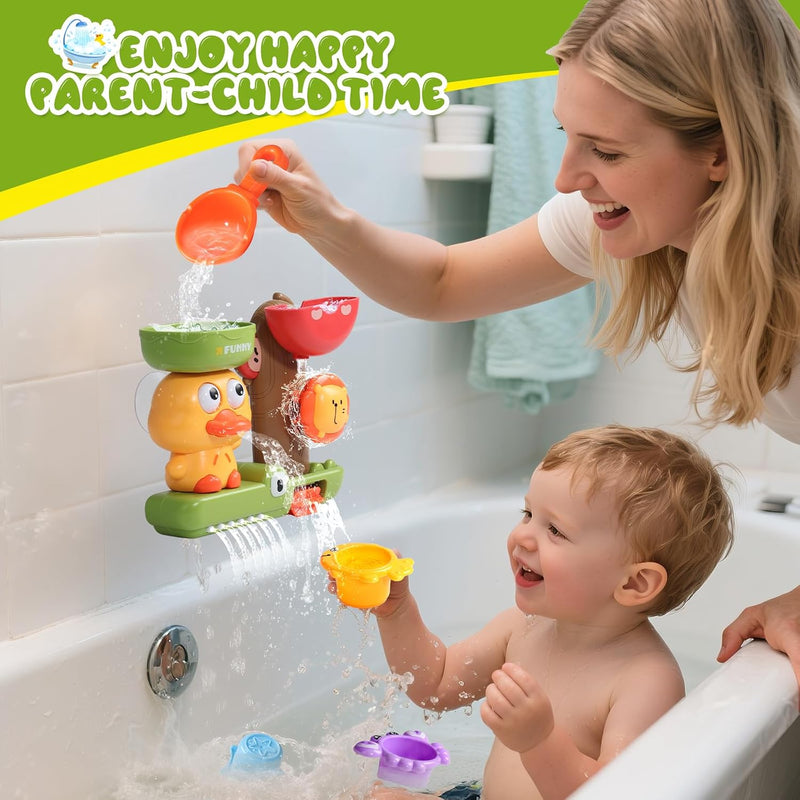Toddler Bath Toys for Kids Ages 1-3 Waterfall Bathtub Toys for Toddlers 2-4 | with 3 Stacking Cups No Mold Baby Bath Toys Interactive Duck Water Shower Toys for Boys Girls Gifts with Strong Suction Cups