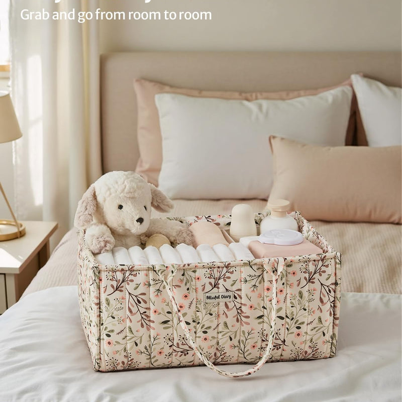 Blissful Diary Floral Diaper Caddy Organizer, Stylish Nursery Storage Basket, Diaper Bag,Gift for Baby Shower, Baby Registry Must Have, Newborn Essentials, Pastoral Daisy