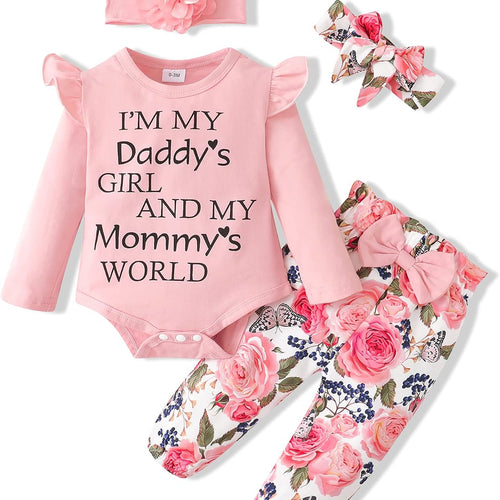 SUNNY PIGGY Newborn Infant Baby Girl Clothes Outfits Ruffle Romper Floral 4Pcs Pants Sets Toddler Girls Clothing Set