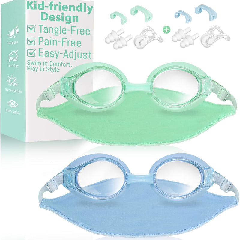 Pixel Panda Kids Swim Goggles with Fabric Strap for 3-12, No Hair Pulling | Kids swimming goggles with soft cloth strap for toddler/boys/girls/children, anti-fog anti-UV, no leak, no raccoon eyes