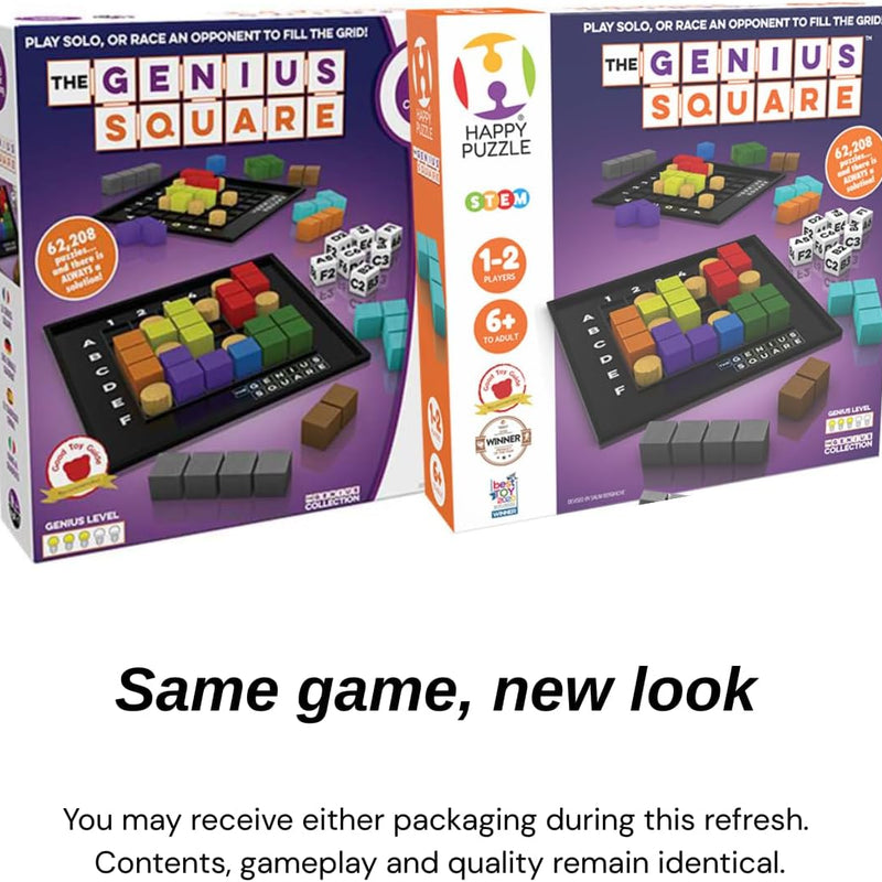 The Happy Puzzle Company's Genius Square STEM Puzzle Game for 1-2 Players, 62,208 Possible Solutions, 6x6 Grid