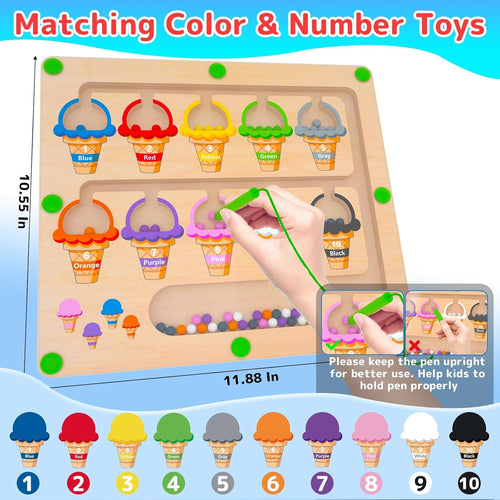 MTYOKILN Montessori Color & Number Maze - Wooden Fine Motor Skills Toys for Boys & Girls 2-4 Years Old - Magnetic Beads Counting Learning Puzzle Board
