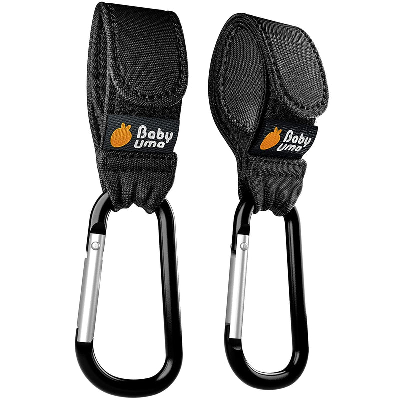 Baby Uma Stroller Hooks for Bags (2 Pack) - Non-Slip, One-Hand Use, 11 lb | These universal stroller clips open one-handed, resist slipping, and each carabiner hook holds 11 lbs—a travel essential.