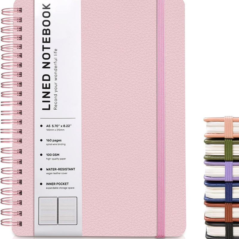 ABERLLS Lined Spiral Journal Notebook with 160 Pages, 8×5.7in, A5 Spiral Notebook, Journaling Notebooks for Work, School, Women, Men, College Ruled Spiral Notebook, Hardcover Leather Journals, Pink