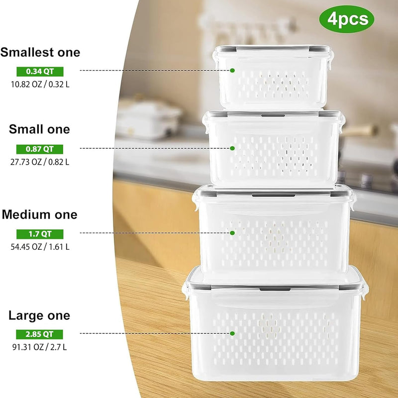 Fruit Storage Containers for Fridge with Removable Colander 4 PCS | Airtight Food Storage Container Dishwasher Safe Produce Saver for Refrigerator Keep Berry Fruit Fresh Longer Small Clear