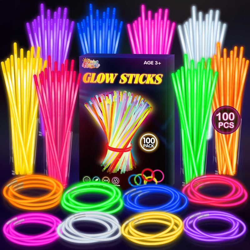 springflower 100pc glow sticks bulk party favors, 8" glow in the dark party supplies, kids or adult party accessories