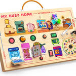 Montessori Busy Board with LED Lights & 12 Buttons, Portable Travel Toy for Toddlers 1-3 Years